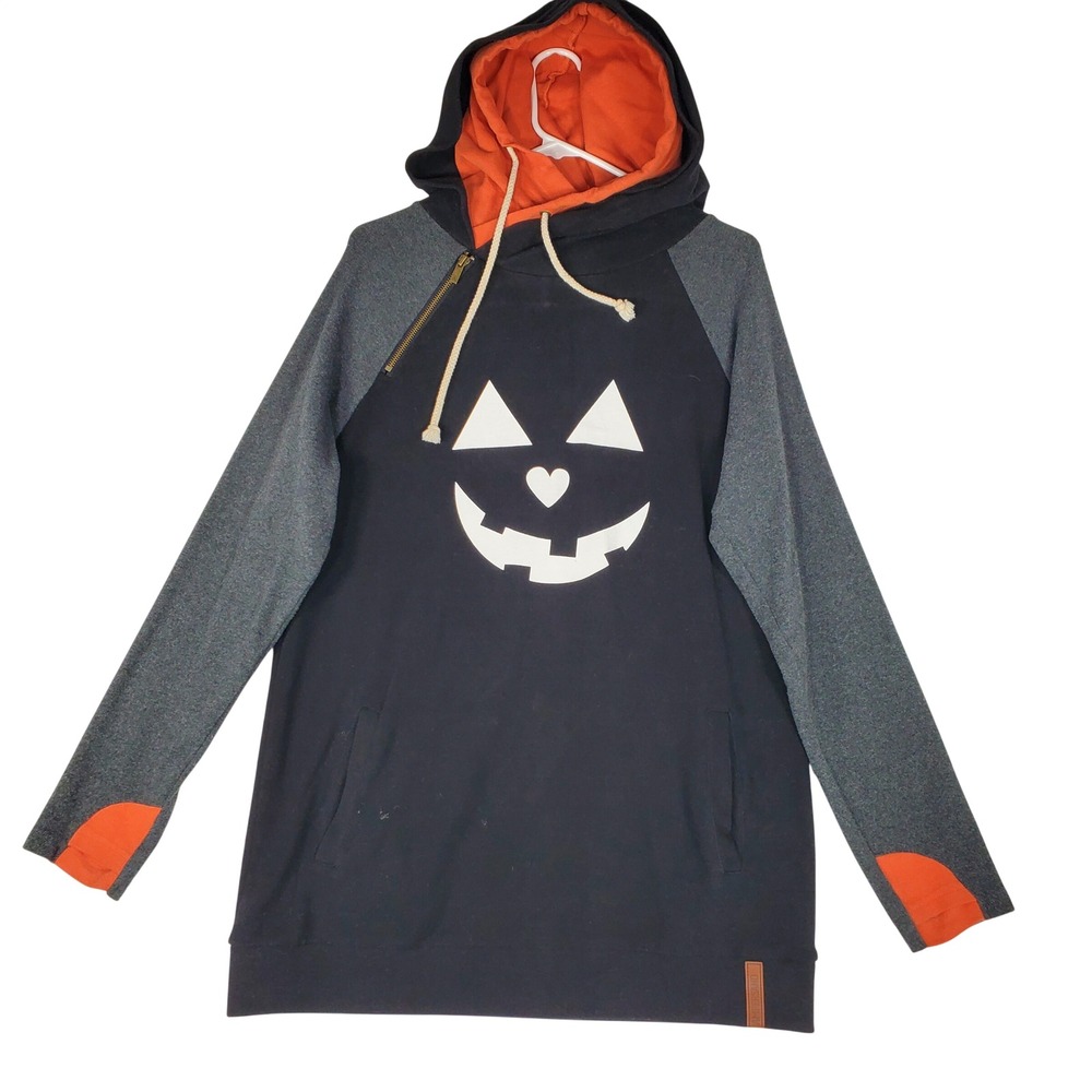 Ampersand Avenue DoubleHood Halloween Jack O Lantern Hoodie XL Black Orange Grey